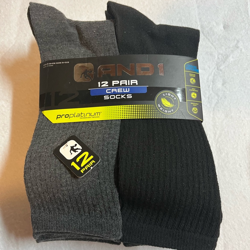 AND1 12 pairs crew socks proplatinum mens shoe sizes 6-12.5